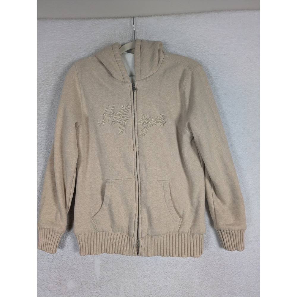 Tommy Hilfiger Hoodie Women's Large Beige Faux Fur Lined Full Zip Embroidered
